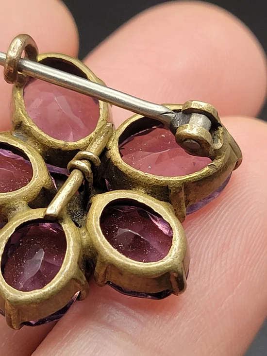 Antique Victorian Purple Paste Flower Brooch — 1880s–1910s Brass Five-Petal Pin - Picture 4 of 7